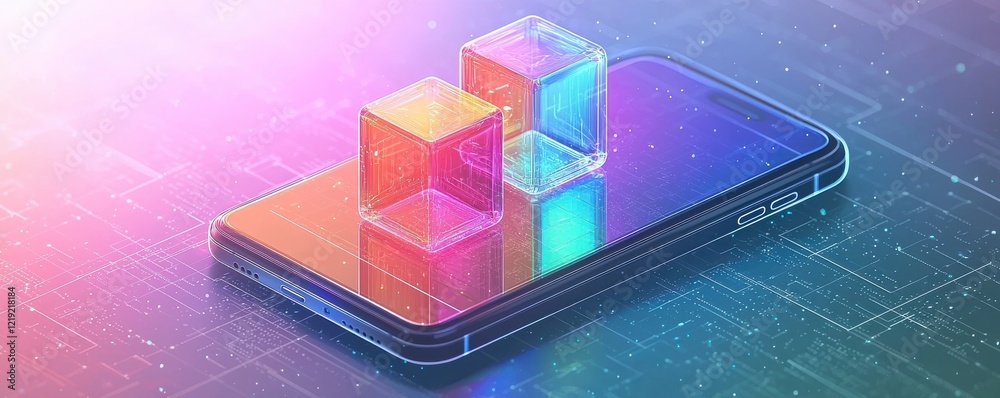 Wall mural abstract cubes floating above a smartphone against a digital glowing backdrop