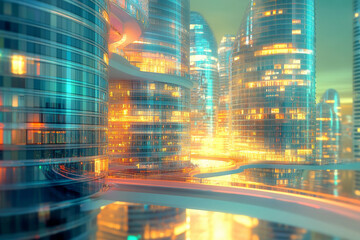 Modern architectural design blends nature and technology in a vibrant urban landscape