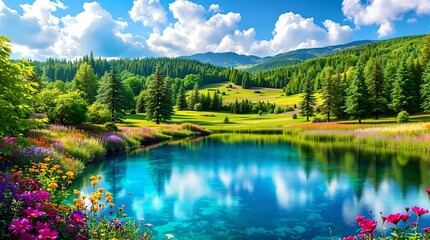 Fototapeta premium A vast and colorful alpine meadow stretches towards majestic snow-capped mountains, under a dynamic sky filled with fluffy clouds.