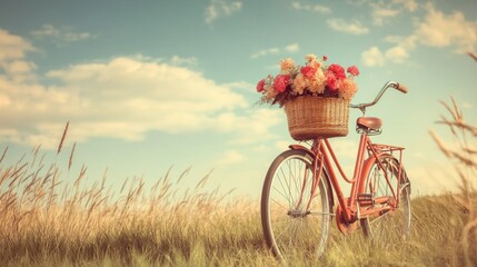 Naklejka premium Vintage Bicycle with Flower Basket in Serene Meadow Landscape