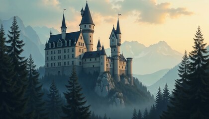 Fototapeta premium Fantasy castle in the mountains surrounded by trees during sunset 