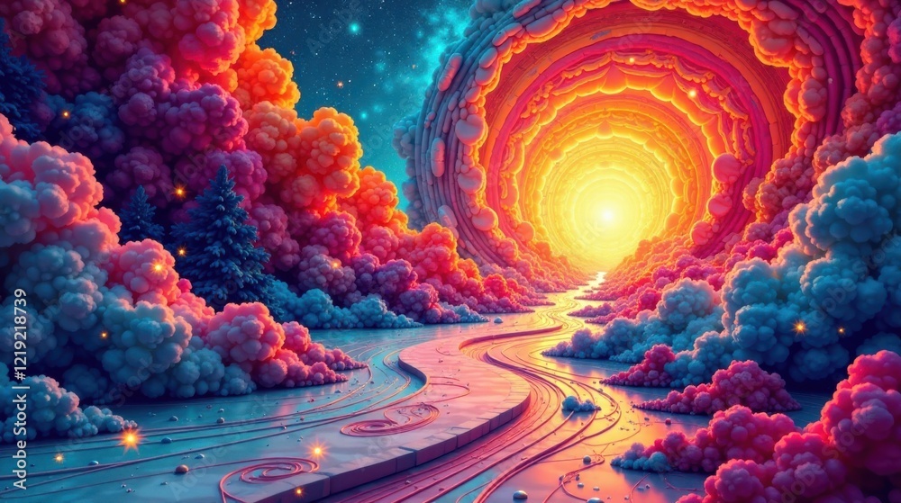 Poster A Serene Pathway Through a Whimsical Dreamscape of Colorful Clouds and Glowing Lights Leading to a Radiant Celestial Portal