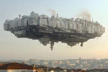 Fototapeta premium Floating industrial city above a modern skyline during golden hour