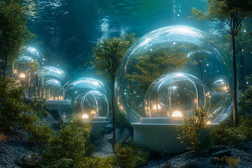 Underwater landscape featuring glowing trees and transparent bubbles illuminated by soft light