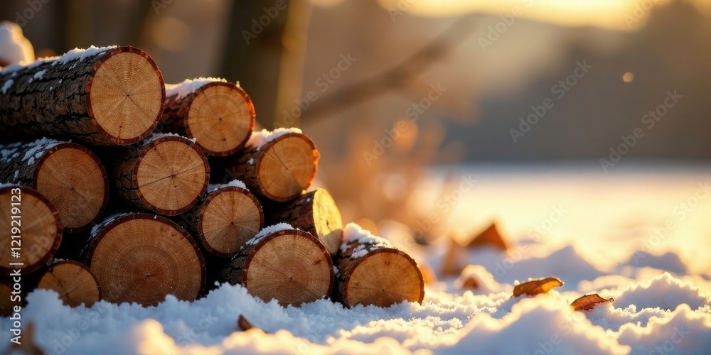 Poster golden hour woodpile a stack of snowy logs basking in the warmth of the setting sun