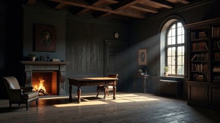 A sunlit study with a fireplace, antique writing desk, and a bookcase filled with leather-bound volumes, exuding a sense of quiet contemplation and scholarly pursuits.