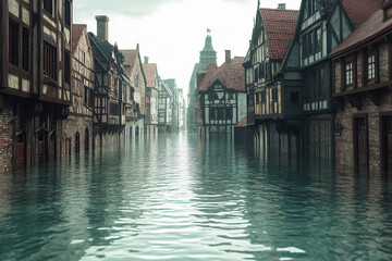 Fototapeta premium Flooded urban landscape depicts streets submerged in water with historic buildings in view near the city center during daylight