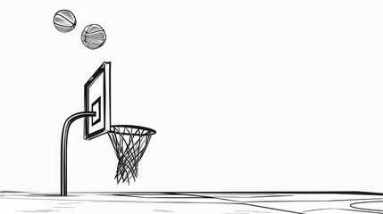 Basketball Hoop Illustration: Two Balls Approaching the Net in a Simple Sketch Style