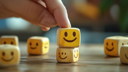  A close-up view of a hand carefully choosing a happy smiley wooden block, symbolizing a positive rating or feedback.