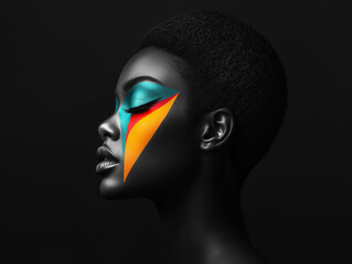 Black woman with short hair and blue eye shadow, a colorful orange, yellow, and teal triangle on her cheek.