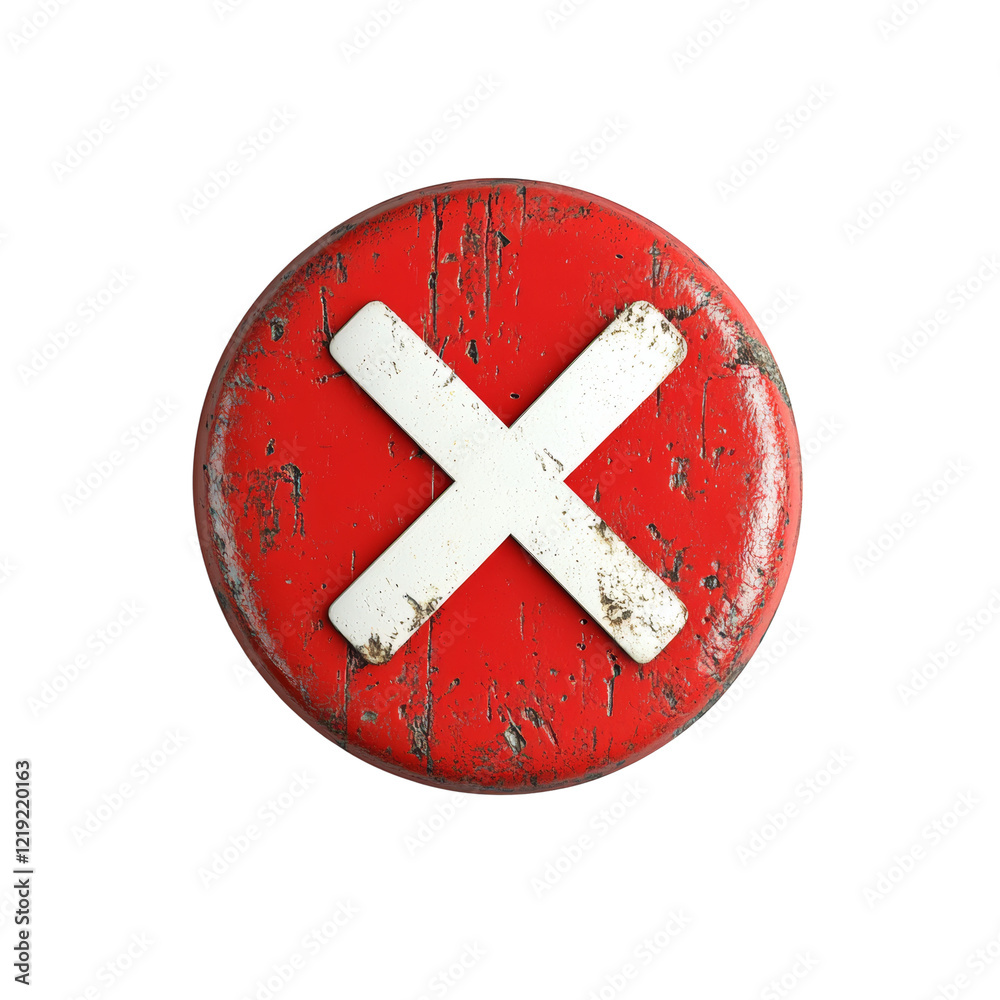 Poster The image shows a round red sign with a white X across it the sign is old and weathered.