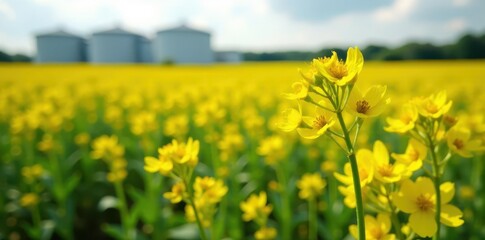 Obraz premium Close-up of rapeseed flowers near biogas facility, biofuel, macro