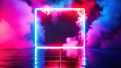 Neon rectangle frame, vibrant pink and blue smoke, reflective floor, cyberpunk aesthetic, glowing lights, futuristic atmosphere, atmospheric haze, electric colors, moody lighting, digital art, 3D rend