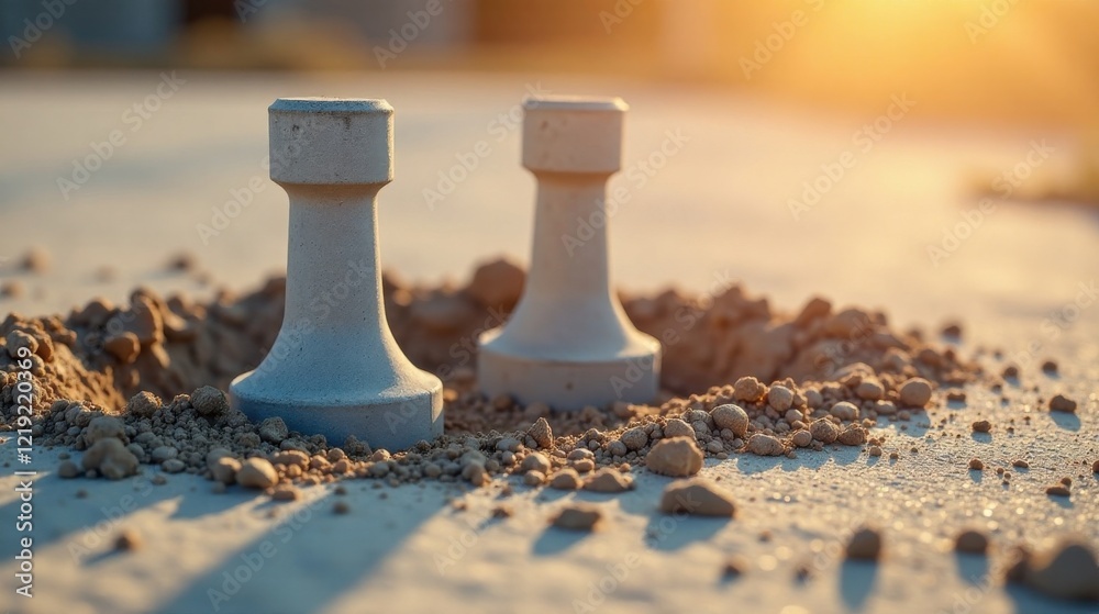 Poster close-up of two small, light-grey concrete posts embedded in sandy soil at sunset