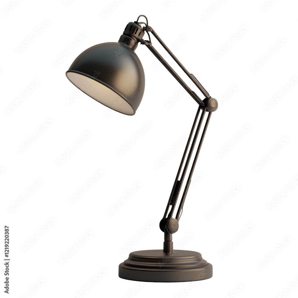 Poster a dark bronze colored adjustable desk lamp with a dome shade sits on a circular base.
