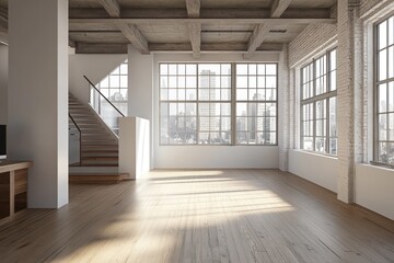 Sunlit loft apartment with hardwood floors, exposed beams, large windows, and staircase.