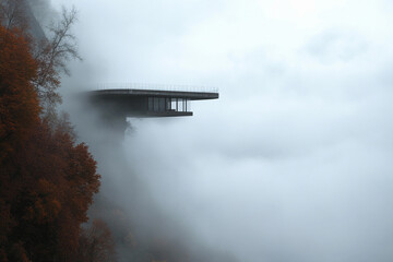 Naklejka premium Floating cabin above the clouds during sunset creates a serene and dreamy atmosphere