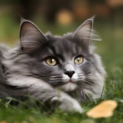 Fototapeta premium Majestic Gray Cat in Green Grass Autumn Scenery