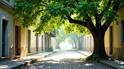 Obraz premium Sun-drenched cobblestone lane shaded by a majestic tree, flanked by charming buildings with inviting doorways, creating a serene and peaceful urban atmosphere