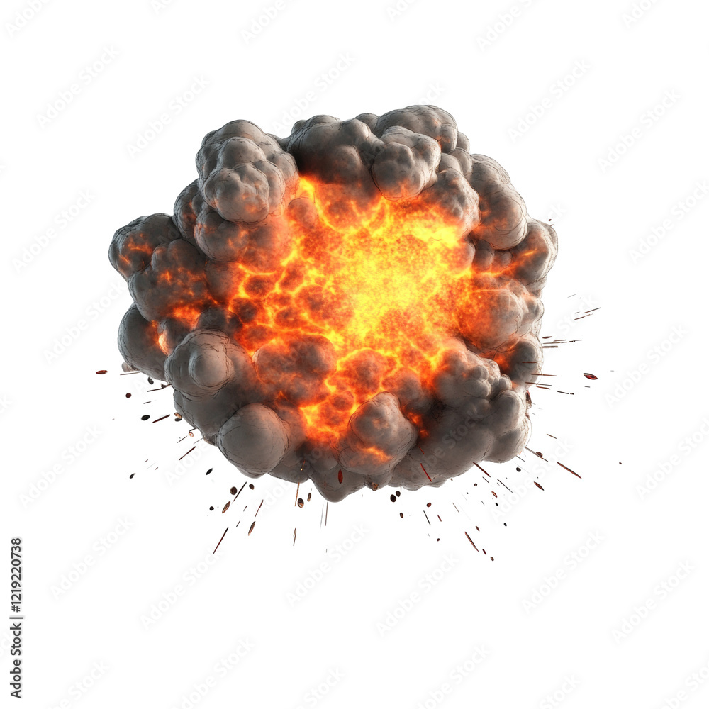 Poster A digital rendering of a powerful explosion showing a bright fiery core surrounded by grey smoke and radiating debris against a black background.