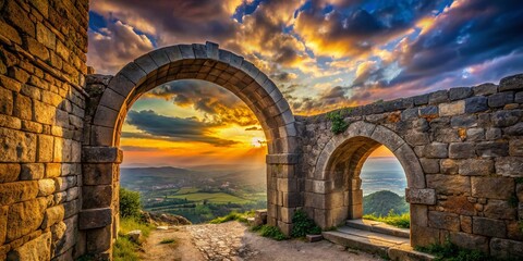 Panoramic View of Ancient Fortress Archway Entrance - Majestic Stone Structure