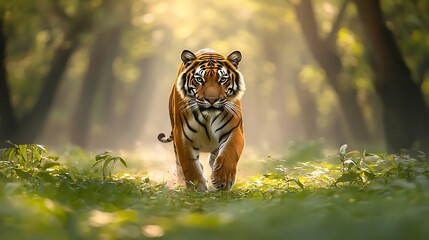 Majestic tiger walking in sunlit forest. Wildlife nature photography for conservation