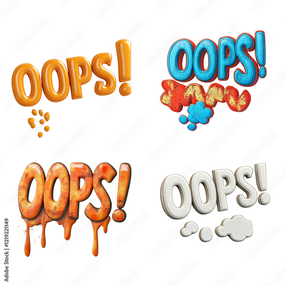 Poster The image shows four different 3D renderings of the word Oops each with a unique texture and color scheme.