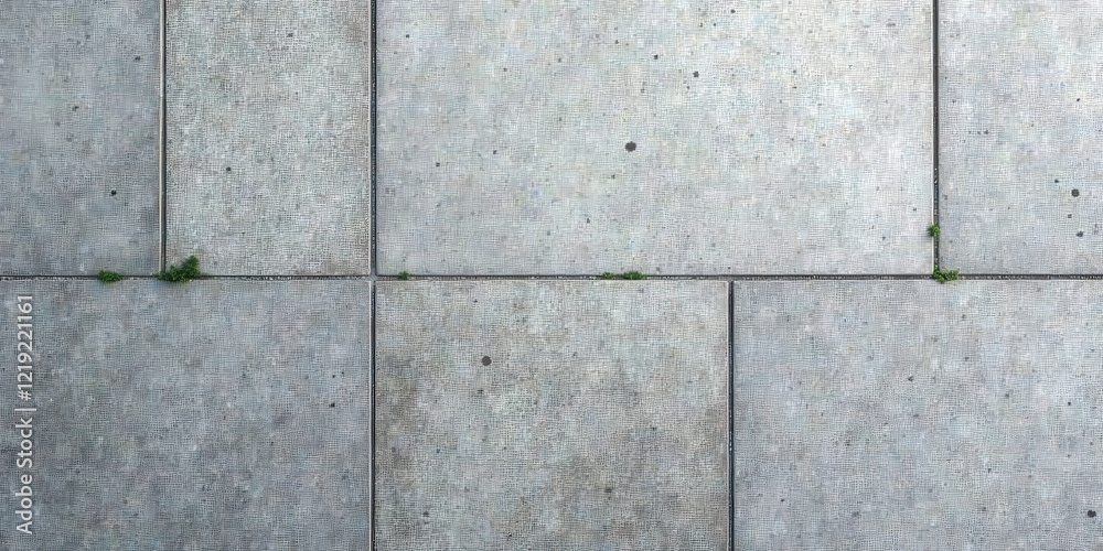 Poster overhead view of a light grey stone pavement with small plants emerging through the cracks
