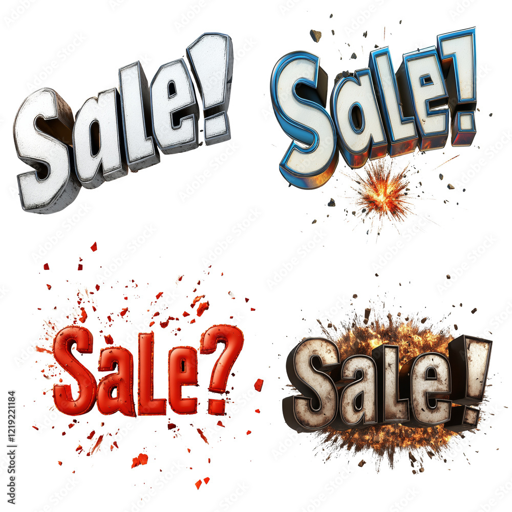 Poster four 3d rendered variations of the word sale with different explosive effects for advertising purpos
