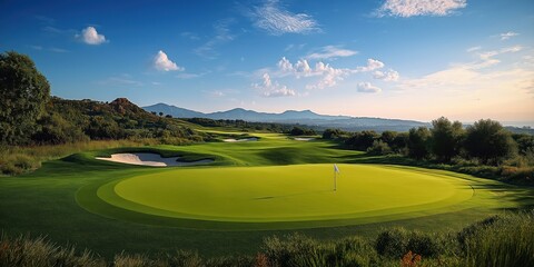 Panoramic golf course view with green fairways, bunkers. Rolling terrain, distant mountains create scenic landscape. Peaceful, serene atmosphere. Ideal for golf enthusiasts, nature lovers. Beautiful