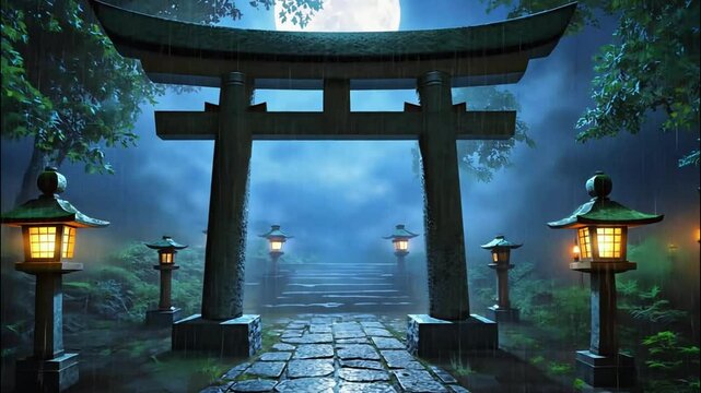 A Shinto shrine surrounded by rain-soaked greenery. The moonlight reflects on the wet stone steps, creating an ethereal glow with fog rolling through, fantasy landscape, anime-style