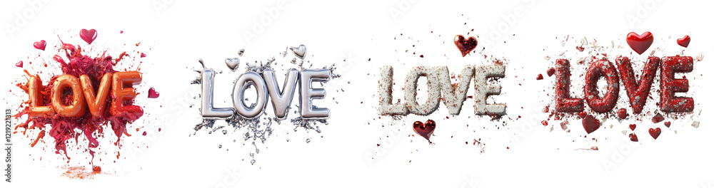 Poster a digital image showcasing the word love in four different styles each surrounded by a splash effect