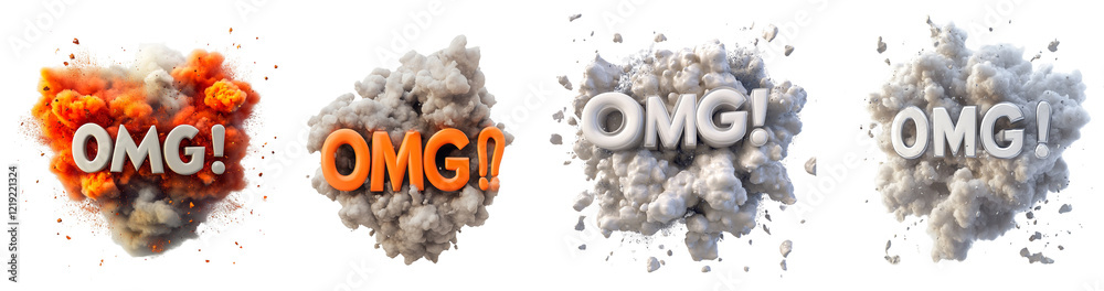 Aufkleber A 3D rendered image showcases four variations of the word OMG within exploding smoke clouds, each with different colors and styles.