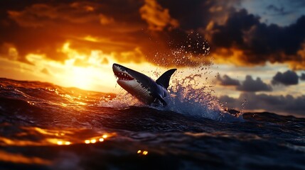Fototapeta premium Majestic Shark Leaping at Sunset