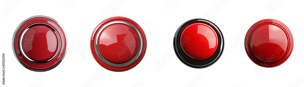 Poster The image shows four red, circular buttons with varying metallic rings displayed against a black background.