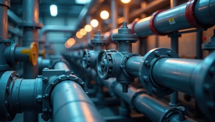 Fototapeta premium Close-up of industrial pipeline system, complex network of valves and pipes , inspection, pipeline