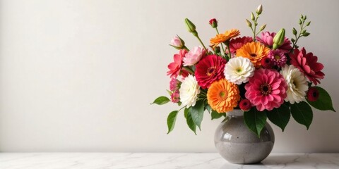 Fototapeta premium Vibrant Gerbera Daisies in a Gray Vase, a Stunning Floral Arrangement on a Marble Surface Against a Neutral Background