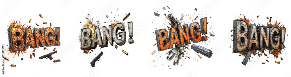 Poster A 3D rendering showcases the word Bang in four variations, each exploding with gunfire and debris, creating a dynamic and powerful visual.