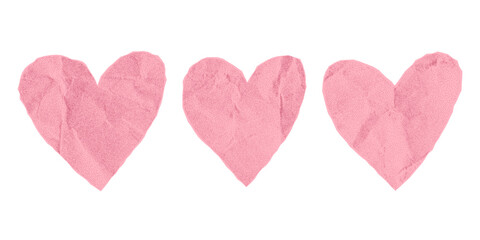 Set of pink paper hearts on white background, collage elements with gritty texture of crumpled paper, jagged edges, love and romance, cute halftone stickers.