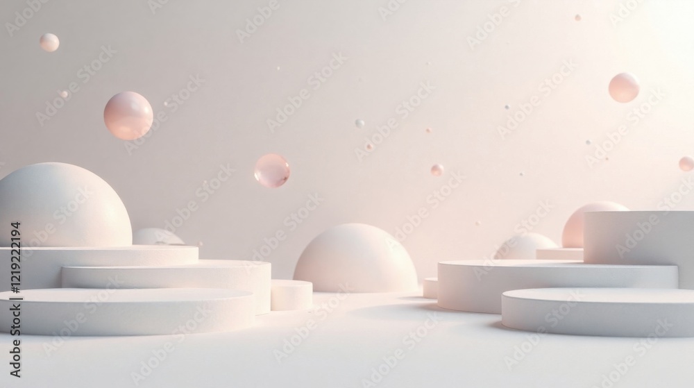 Poster serene minimalist composition featuring floating spheres and abstract white platforms