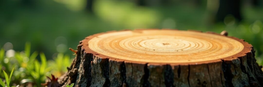 Close-up of freshly cut tree stump, forest background , wood, outdoor