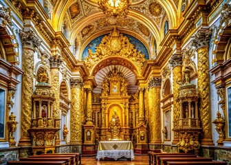 Obraz premium Panoramic View of Baroque Gold Leaf Altar in Historic Pelourinho Church, Salvador, Bahia, Brazil