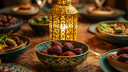 Cozy Iftar setting with luminous lantern and dates.