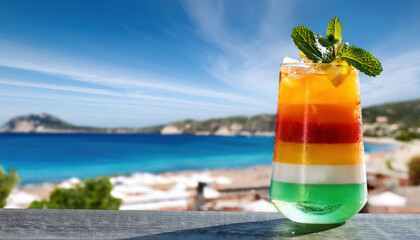 A vibrant cocktail garnished with mint leaves sits on a beachside deck, overlooking azure waters and rugged cliffs, perfectly capturing the essence of the Greek islands.