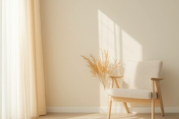 Cozy and minimalistic interior featuring a soft armchair and warm light streaming through sheer curtains, creating a serene atmosphere in a modern space