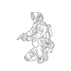 tactical army standby with weapon in sketch lineart vector style