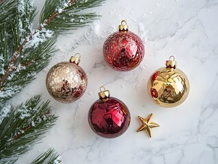 Elegant Christmas Ornament Flatlay- Red, Gold, and Rose Gold Baubles with Pine Branch