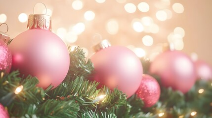 Fototapeta premium Pink Christmas Ornaments on Christmas Tree with Lights