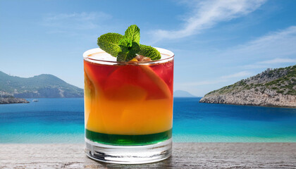 A vibrant cocktail garnished with mint leaves sits on a beachside deck, overlooking azure waters and rugged cliffs, perfectly capturing the essence of the Greek islands.