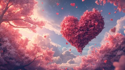 Pink heart made of leaves on blue sky. Love composition for valentine's day